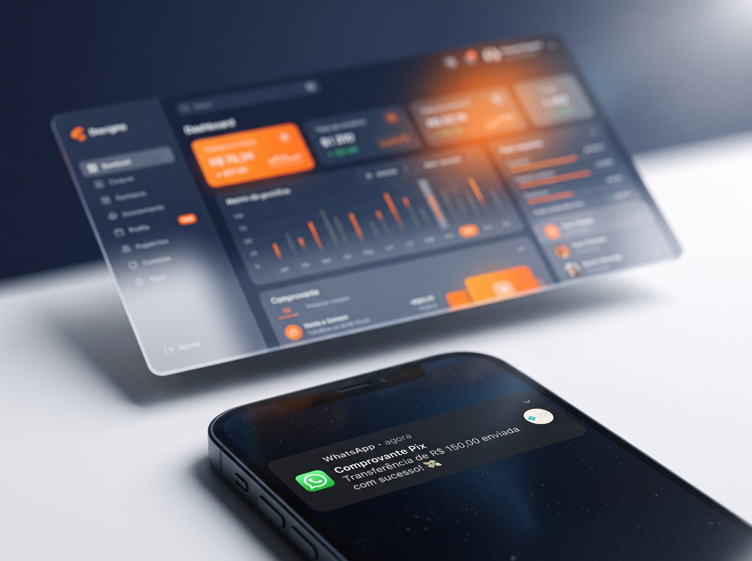 Mockup do Nelos com WhatsApp e cobrança PIX integrados